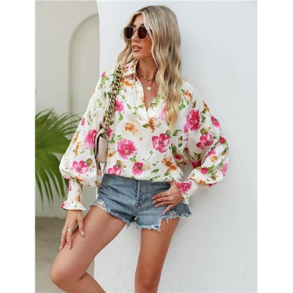 White Boho Floral Print V Neck Long Lantern Sleeve Flowy Loose Top‎ Blouse Shirt - Picture 3 of 6